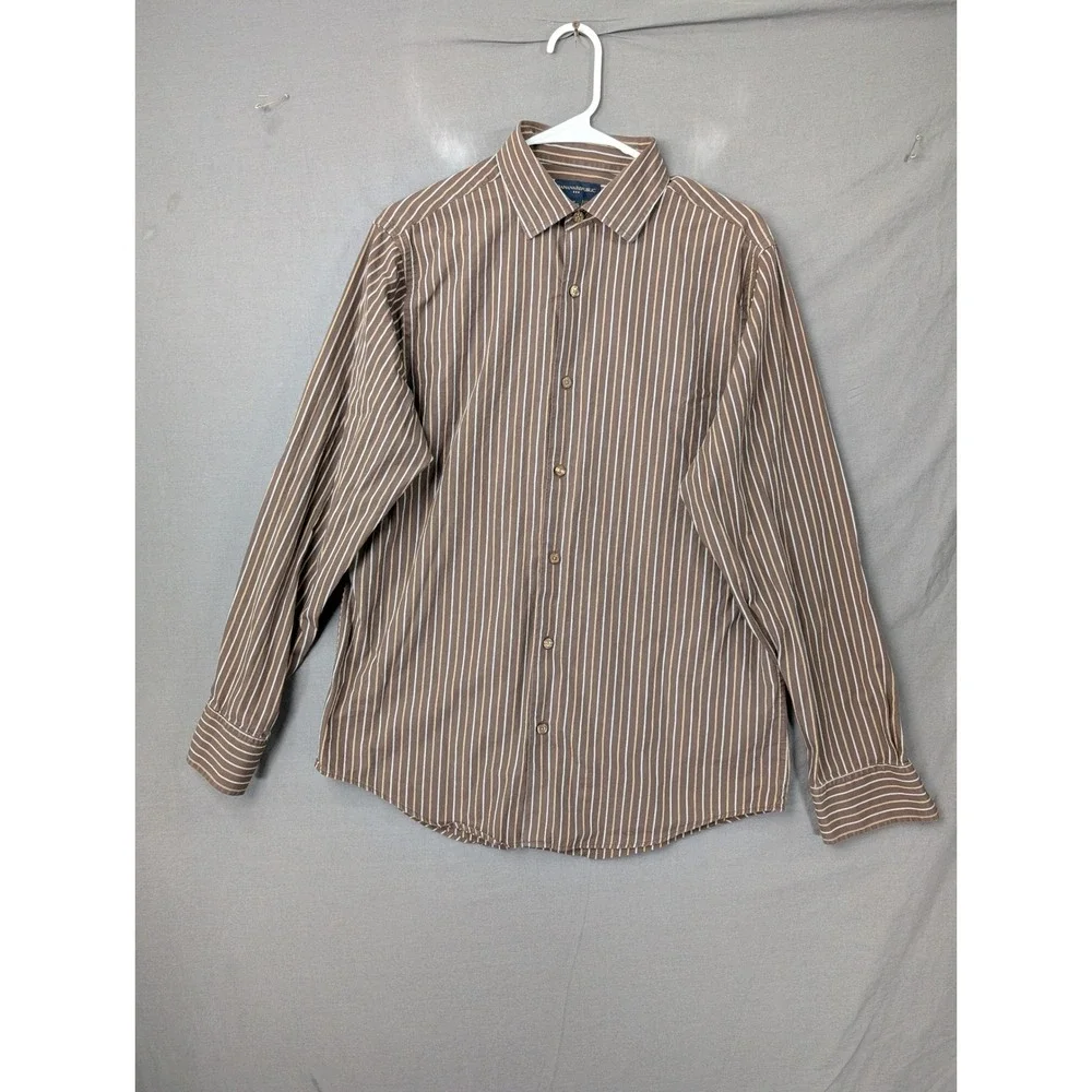 Banana Republic Mens Brown White Vertical Striped Long Sleeve Button Down Shirt